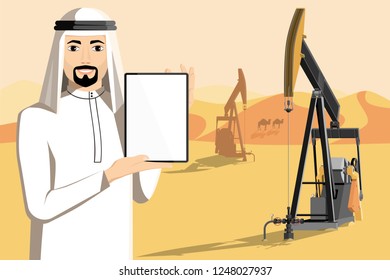 Arab man with tablet computer stands on the background of oil rigs in the desert. White screen, you can add your text here. Vector illustration