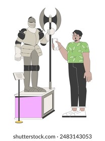 Arab man taking photo of medieval knight armor 2D linear cartoon character. Holding smartphone glasses guy isolated line vector person white background. Museum visit color flat spot illustration