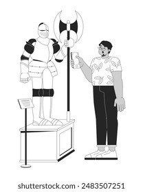 Arab man taking photo of medieval knight armor black and white 2D line cartoon character. Holding smartphone glasses guy isolated vector outline person. Museum monochromatic flat spot illustration