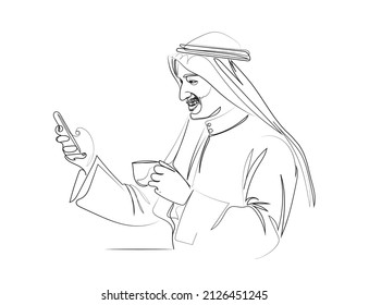Arab man texting in a smart phone. Continuous one line drawing vector.