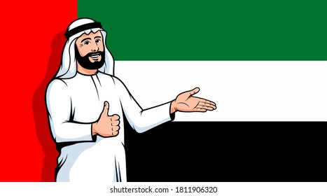 Der arabische Mann hält sich auf dem Hintergrund der Flagge der VAE. muslimische positive Person. Vektorgrafik.