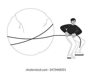 Hombre árabe atado a la Grande roca 2D lineal personaje de dibujos animados. Hombre de Oriente Medio tirando de piedra pesada aislado perfil de Vector persona. Trabajo duro para el resultado monocromático ilustración de punto plano