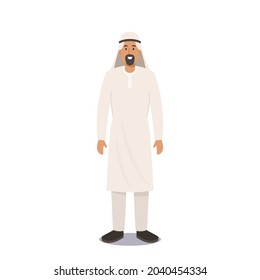 Arab Man in Traditional Clothes. Muslim Culture and Arabian Fashion Concept. Saudi Male Character Wearing Thawb or Kandura Dress Isolated on White Background. Cartoon People Vector Illustration