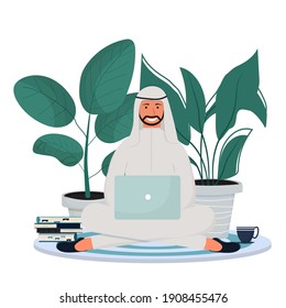 Arab man in traditional clothes sitting with laptop. Online education, freelance concept. Happy, smiling character, successful and productive in flat style.