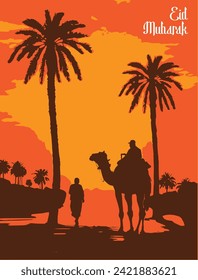 An Arab man in traditional clothing rides a camel across the vast desert landscape, with a lone palm tree standing tall in the distance during sunset. The picture has text Eid Mubarak