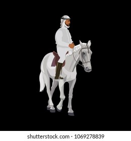 Arab man in traditional clothing riding his horse. Vector illustration isolated on black background