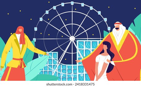 Arab man in traditional dress with woman at amusement park. Middle Eastern couple enjoying time near Ferris wheel. Cultural diversity and leisure time vector illustration.