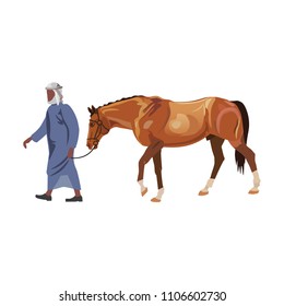 Arab man in a traditional outfit leads a horse