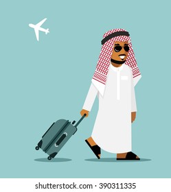 Arab Man In Travel Concept . Young Saudi Arabic Man In Traditional Clothes Walking With Suitcase On Airport Background