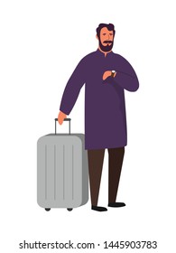 Arab man traveling, waiting for a transport. Flight delay. Muslim character vector illustration.