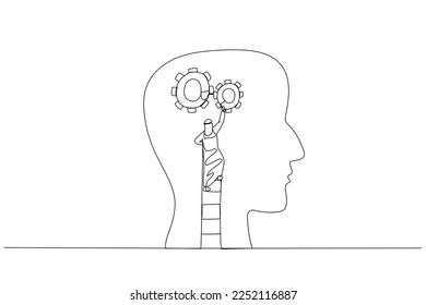 arab man using the ladder and installing gear on people head concept of thinking. Continuous line art