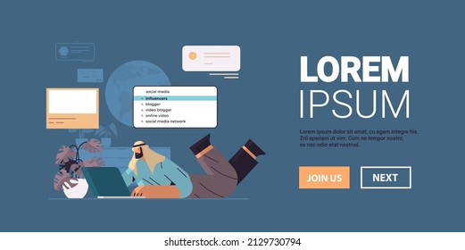 arab man using laptop choosing influencers in search bar social media influencer concept