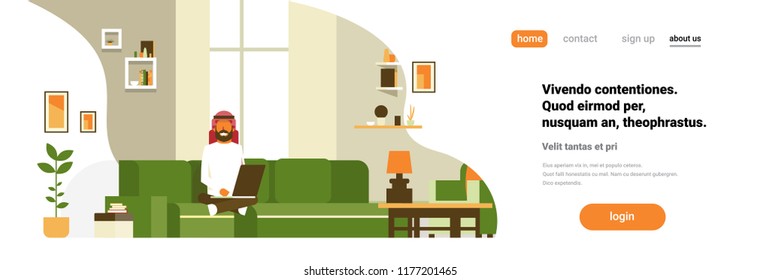 arab man using laptop living room interior home modern apartment male relax concept flat horizontal banner copy space vector illustration