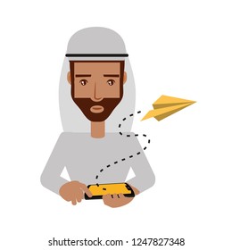 arab man using smartphone and airplane paper