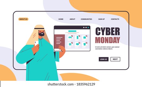 arab man using smartphone choosing goods online shopping cyber monday big sale concept portrait horizontal copy space vector illustration