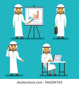 Arab man vector character in different business situations.