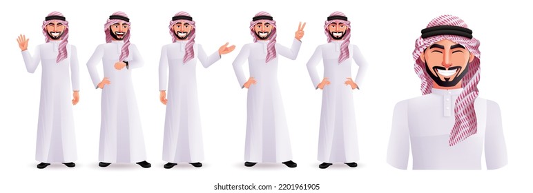 Arab man vector character set design. Arabic male collection in friendly expression with peace, waving and standing pose for business characters. Vector illustration.
