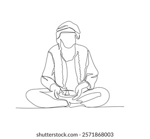 Arab man with a vessel in his hands, magician, alchemist, healer one line art. Continuous line drawing of online Muslims, Islam, traditions, clothing, folk, oriental.