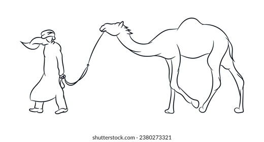 Arab man walking with camel hand drawn vector line art illustration