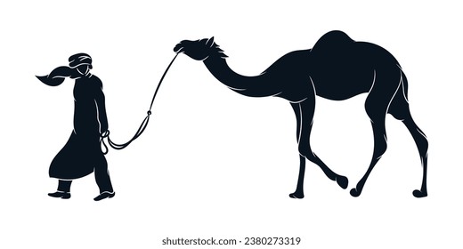Arab man walking with camel vector silhouette illustration