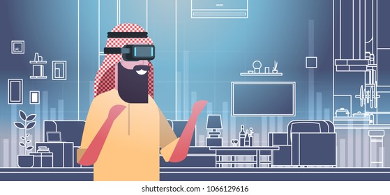 Arab Man Wearing 3d Glasses Virtual Reality Headset Over Living Room Background