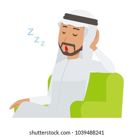 An arab man  wearing ethnic costumes is sleeping on a sofa