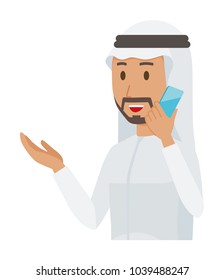 An arab man wearing ethnic costumes is calling by smart phone