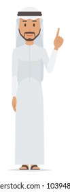 An arab man wearing ethnic costumes is pointing