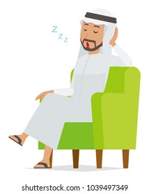 An arab man wearing ethnic costumes is sleeping on a sofa