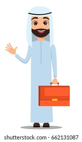 Arab man in white clothes. Cute cartoon character showing hello sign and holding briefcase. Vector illustration