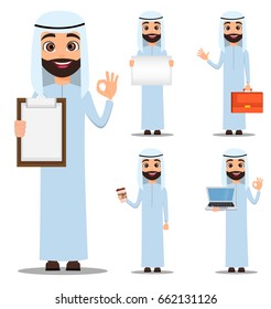 Arab man in white clothes. Cute cartoon character set. Vector illustration