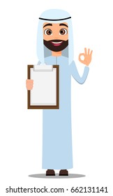 Arab man in white clothes. Cute cartoon character holding blank clipboard and showing OK sign. Vector illustration