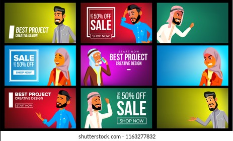 Arab Man, Woman Banner Set Vector. Young Saudi Arabic Woman, Man. Middle Eastern People. Traditional Cloths. For Advertisement, Greeting, Announcement Design. Muslim, Arabic. Illustration
