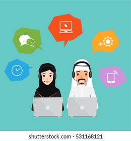 arab man and arab woman for costomer service. business people working character flat design. online service.