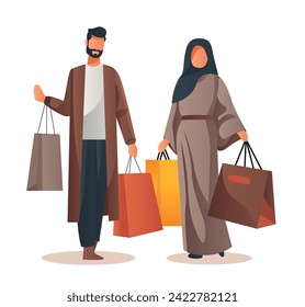 arab man woman couple in traditional clothes holding shopping bags season big sale special offer promotion discount