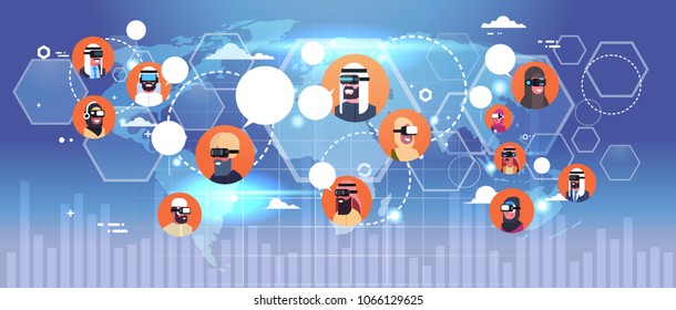 Arab Man And Woman Group Wearing 3d Glasses Virtual Reality Headset Over World Map Background