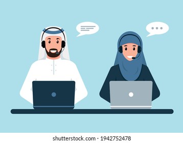 Arab man and arab woman with headphones, microphone and computers. Customer service, support or call center concept. Vector illustration.