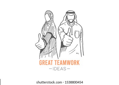 Arab man and woman in hijab and thobe giving thumbs up gesture. Business best performance, success hand drawn concept design. Sketch isolated vector illustration. Suitable for banner and poster print