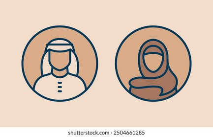 Arab man and woman icon set, avatar. Saudi people in traditional dress. Vector illustration