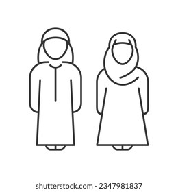 Icono de línea árabe de hombre y mujer. Una pareja de Arabia Saudita con traje tradicional. avatar de los musulmanes, esposo islam y esposa. Ilustración de esquema, trazo modificable. Vector de fondo blanco. Aislado 