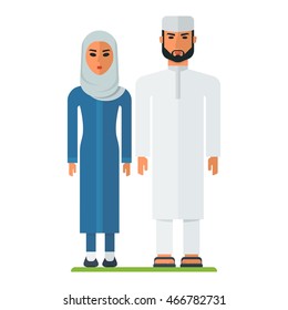 Arab man with arab woman. Muslim family. A woman in hijab. Traditions of Islam. Arab people. Cartoon flat vector illustration. Objects isolated on a white background.