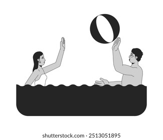 Arab man and woman playing ball in water black and white 2D line characters. Active leisure. Young couple enjoying summer vacation isolated vector outline people. Monochromatic spot illustration