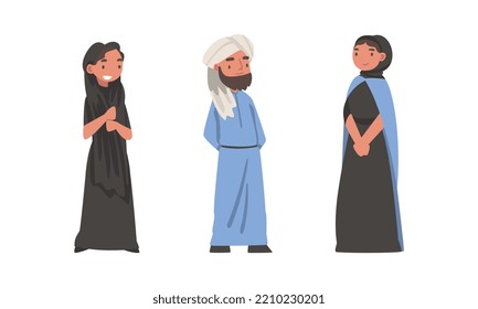 Arab Man and Woman Standing in Traditional Muslim Dress and Long Flowing Garment Vector Set