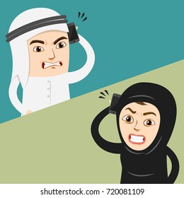 Arab Man and Arab Woman talking with each other on Mobile Phone, Fighting over something and Having a Loud Conversation with Angry Faces