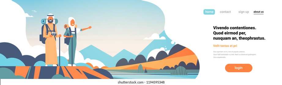 arab man woman tourists backpacks over beautiful nature landscape background arabic couple hiking horizontal banner flat copy space full length vector illustration