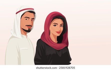 Arab man and woman in traditional attire illustration. Vector illustration