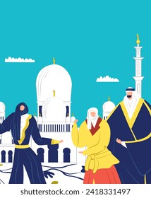 Arab man and woman in traditional clothing talking near mosque. Middle Eastern couple having a conversation. Cultural exchange and daily life in the Middle East vector illustration.