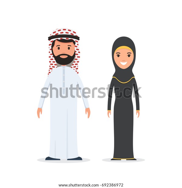 伝統的な国民服を着たアラブ人の男女 アラビアのイスラム教徒のカップル 白い背景に漫画のスタイルのベクターイラスト のベクター画像素材 ロイヤリティフリー