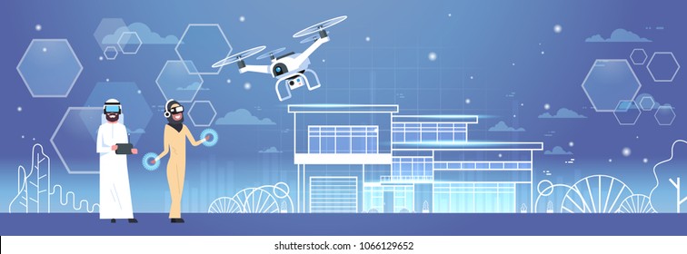 Arab Man And Woman Wearing 3d Glasses With Drone Over Smart House Background Virtual Reality Concept