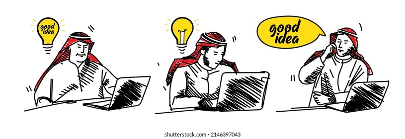 Arab Man working  Laptop Good Idea.Free Hand Drawing Art Set.